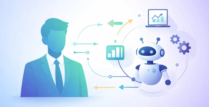 Senior fractional executive reviewing AI strategy dashboard with data analytics on screen