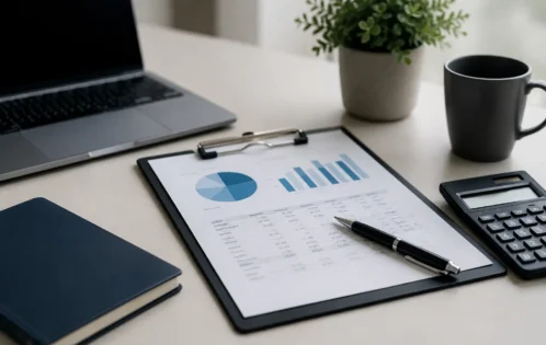 Fractional executive reviewing financial documents and tax records at a desk before meeting with a tax advisor