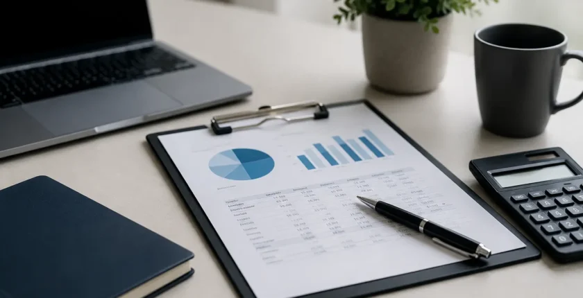 Fractional executive reviewing financial documents and tax records at a desk before meeting with a tax advisor
