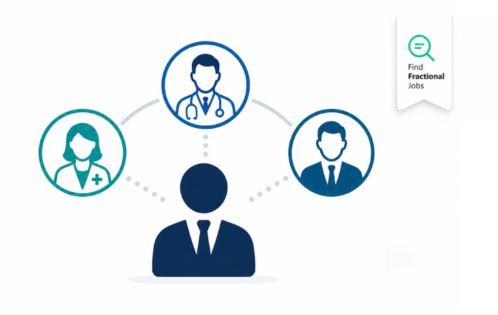 Fractional healthcare executive and Clinical Director reviewing patient care strategy with medical staff