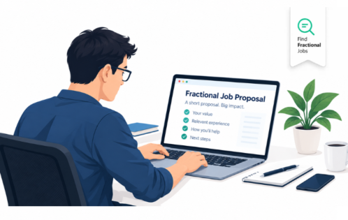 Professional reviewing a short proposal on a laptop to apply for a fractional job
