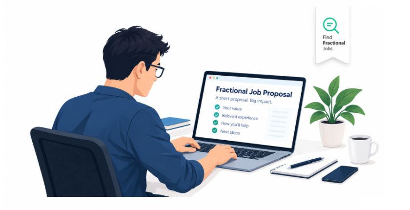 Professional reviewing a short proposal on a laptop to apply for a fractional job